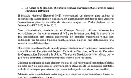 Realizará INE estimación de participación ciudadana en Jornada Electoral del PEEPJF 2024-2025