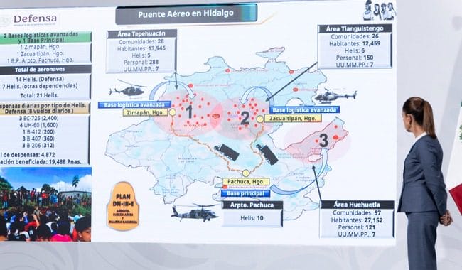 Gobierno de México activa en Hidalgo 3 Centros de Mando con 111 puentes aéreos para atender a comunidades afectadas por las lluvias