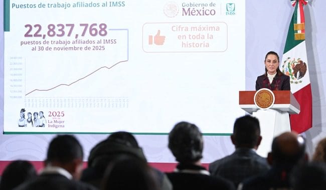 Empleo afiliado al IMSS registra nuevo récord histórico con 22 millones 837 mil 768 puestos de trabajo al 30 de noviembre de 2025